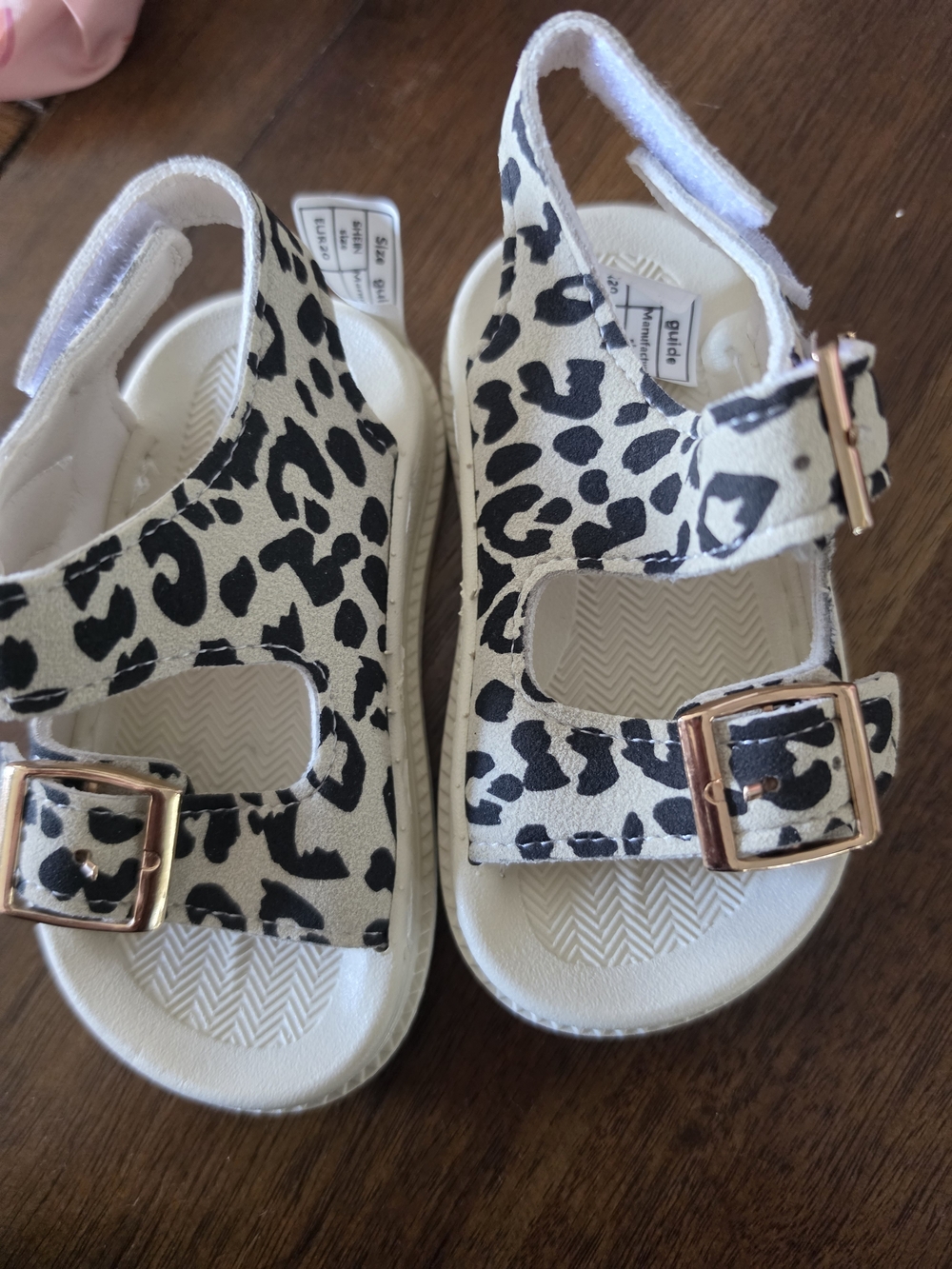 Leopard Print White Kids Sandals with Rose Gold Buckles